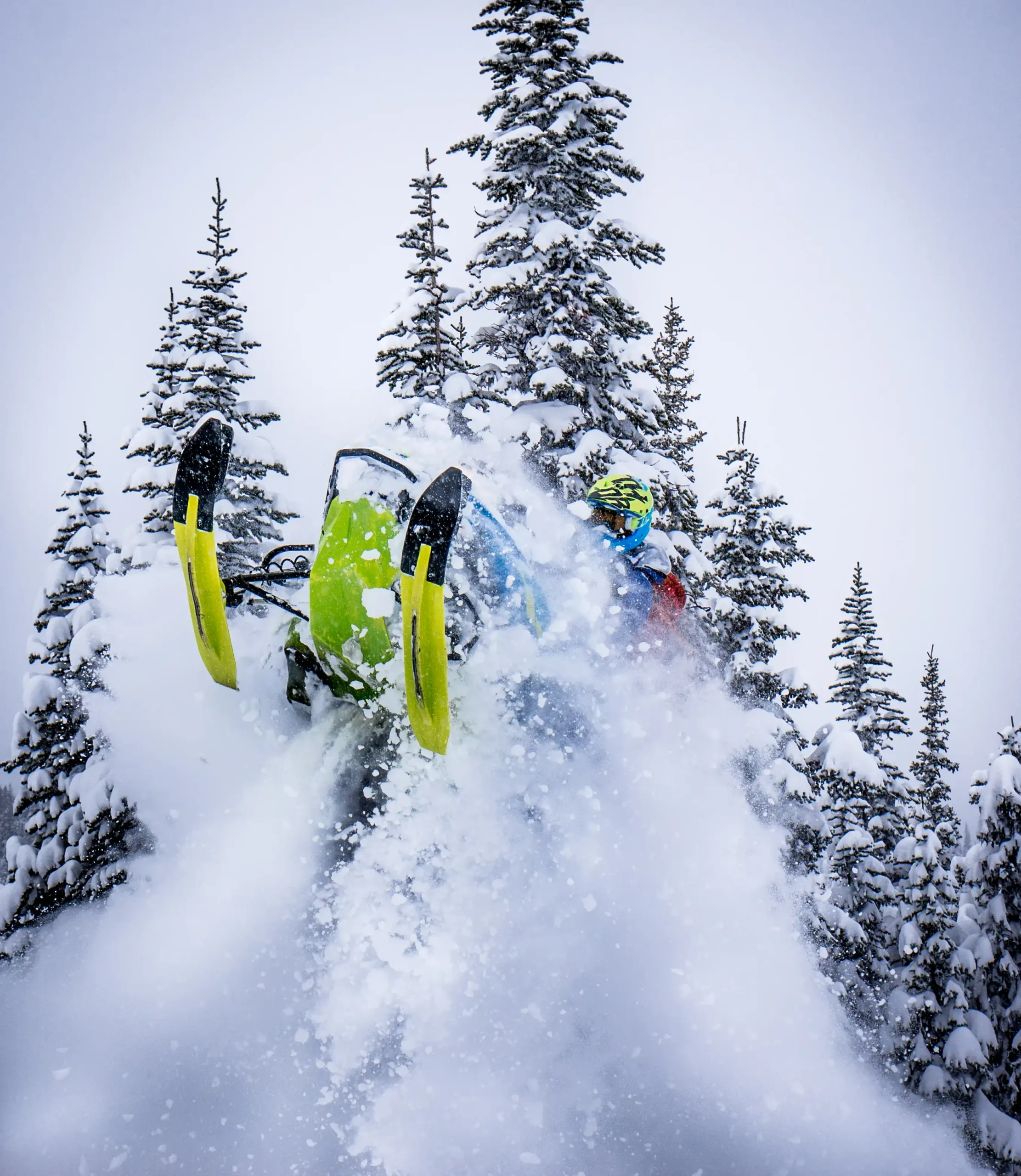 A person snowmobiling in the air
