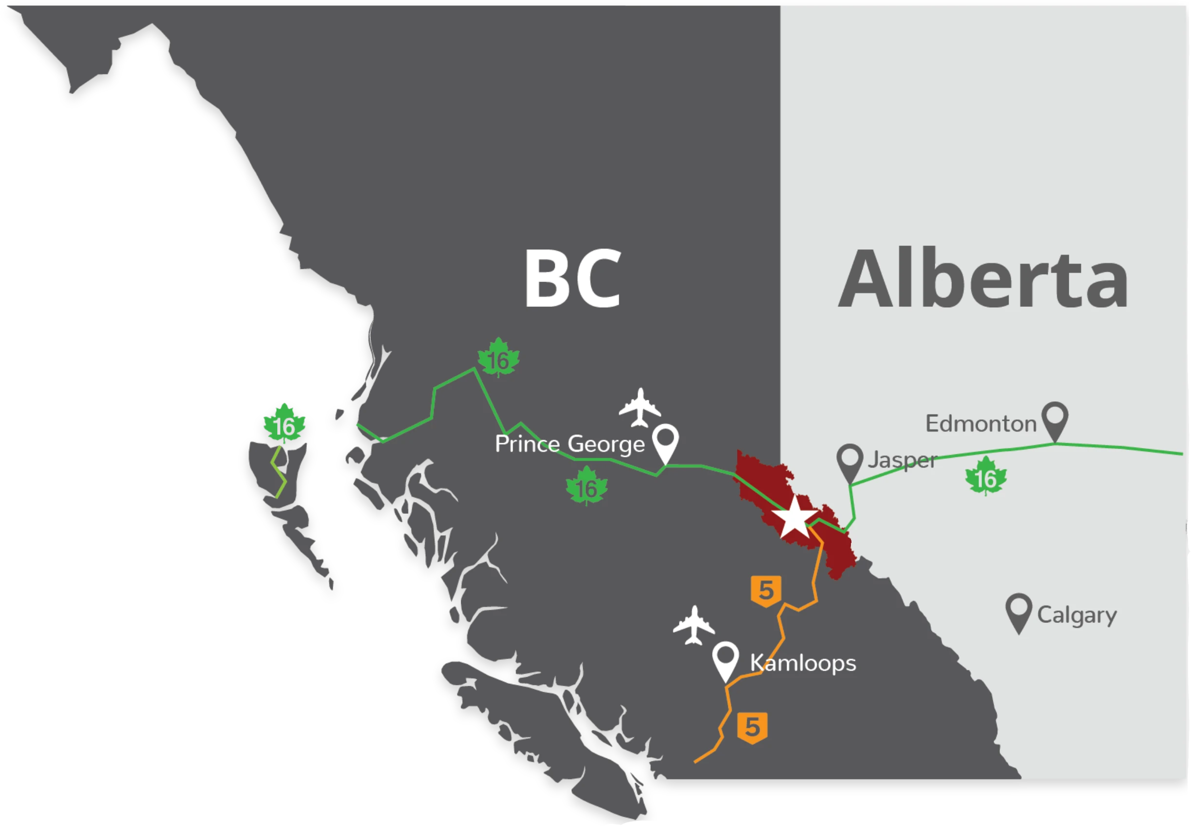 A map of BC showing where the Robson Valley is